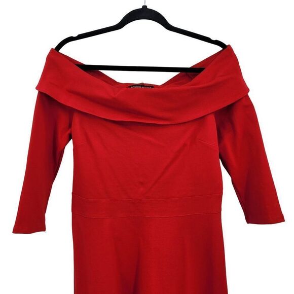 Boston Proper Dress Off Shoulder 3/4 Sleeve Tea Length Fit & Flare Stretch Red M - Picture 7 of 12